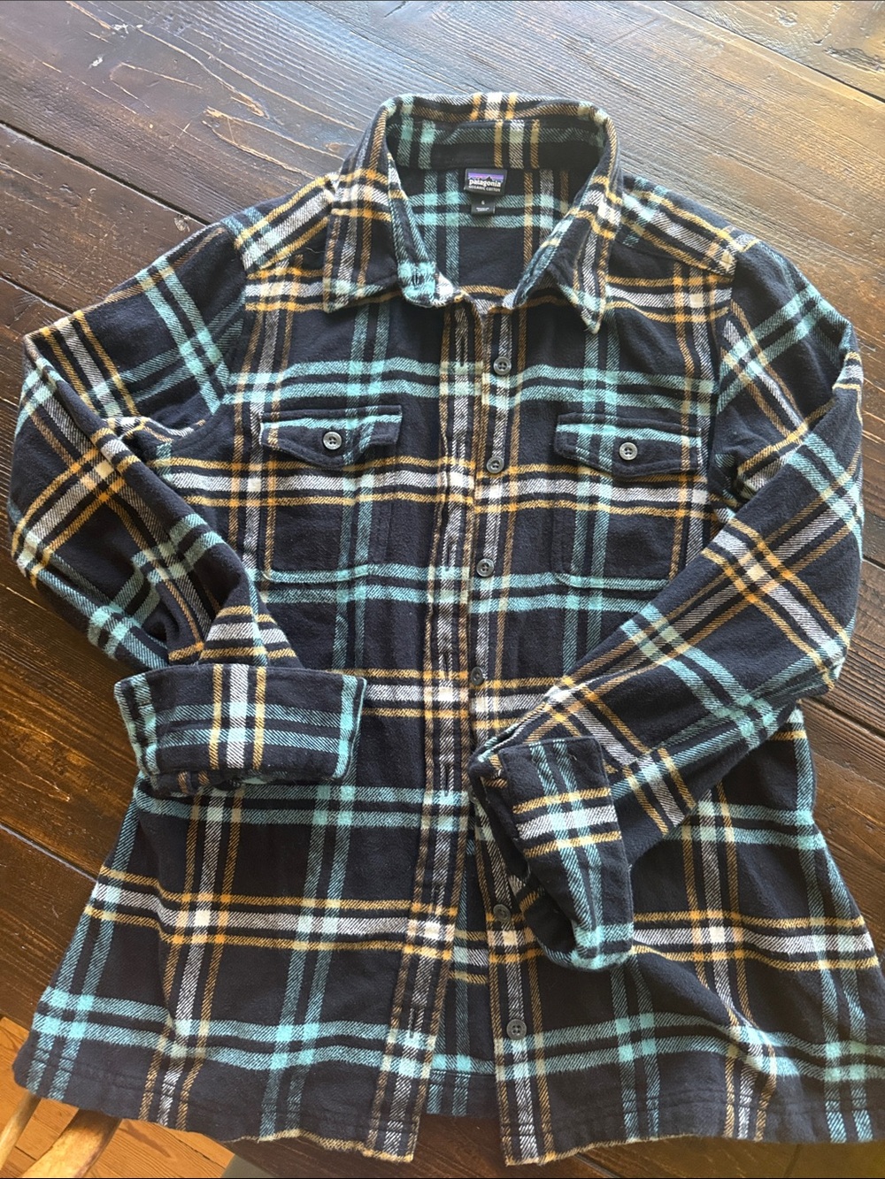 Patagonia Blue & Yellow Plaid Button-Down Womens Organic Cotton Shirt size 6